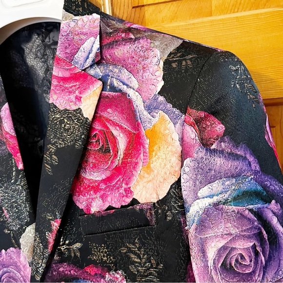 Womens Printed Floral Blazer Jacket Sz L Pink Purple Roses Formal Garden Party - Picture 4 of 11